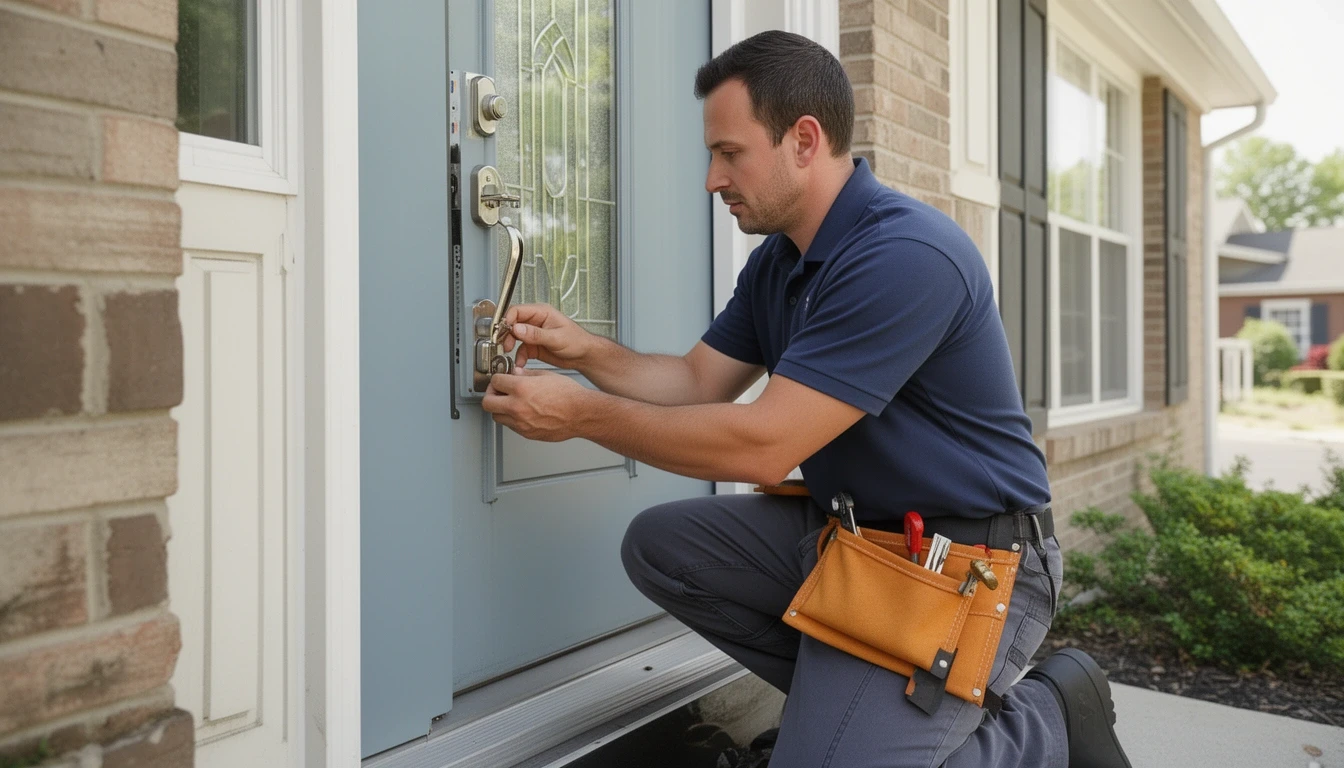 Cerrajero profesional trabajando en cerradura de puerta